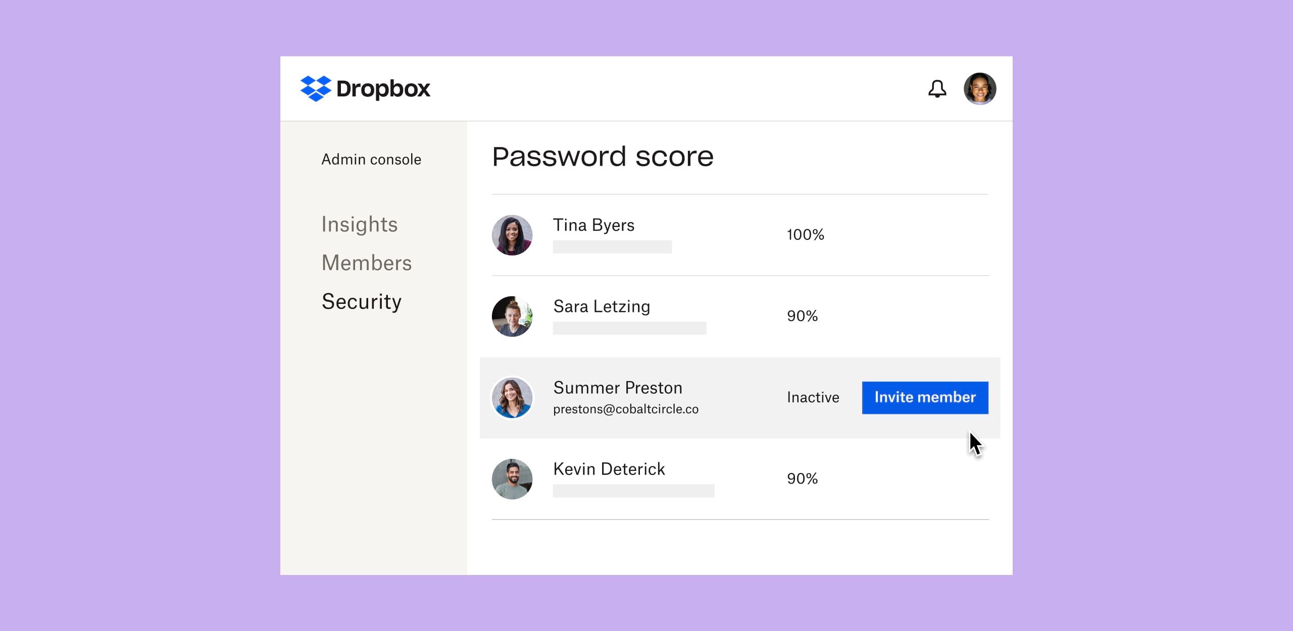 A Dropbox interface showing individual users’ password scores and a blue button labeled “invite member” next to an inactive user profile